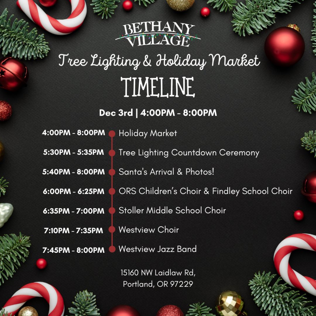 Tree lighting Timeline at Bethany Village in Portland Oregon